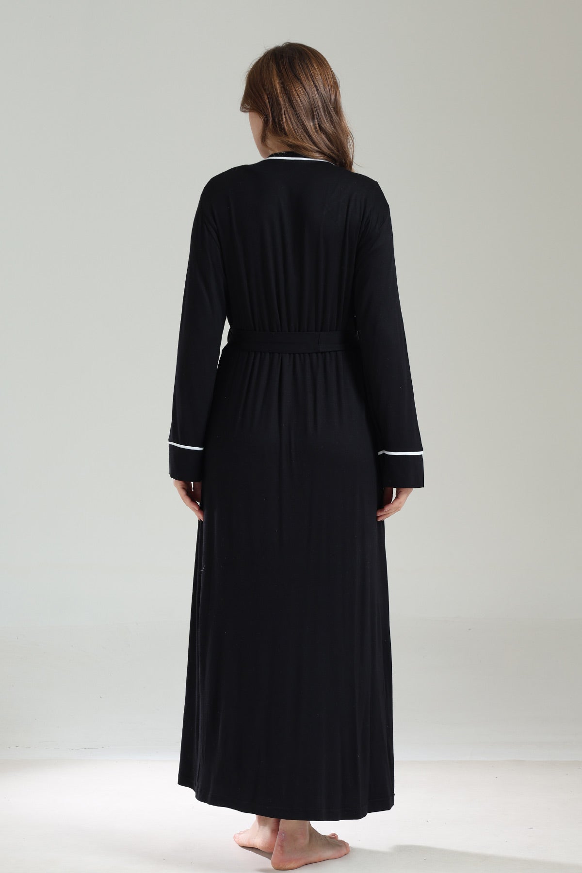 Striped Double Breasted Maternity-Nursing Nightgown & Robe Set Black - 1041