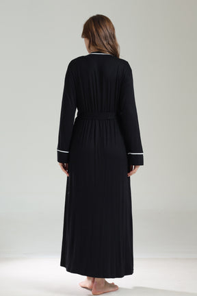 Striped Double Breasted Maternity-Nursing Nightgown & Robe Set Black - 1041