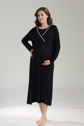 Striped Double Breasted Maternity-Nursing Nightgown & Robe Set Black - 1041
