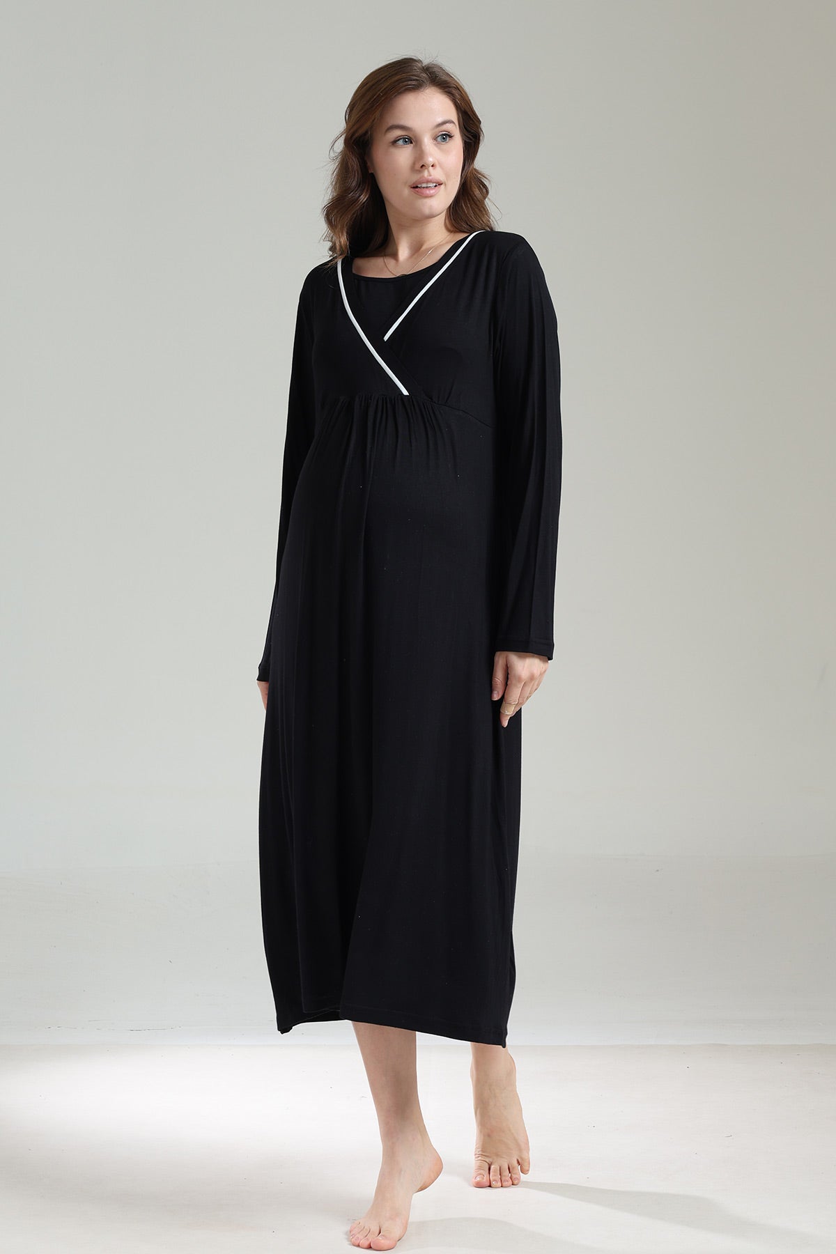 Striped Double Breasted Maternity-Nursing Nightgown & Robe Set Black - 1041