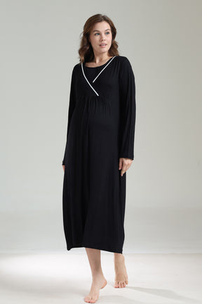 Striped Double Breasted Maternity-Nursing Nightgown & Robe Set Black - 1041