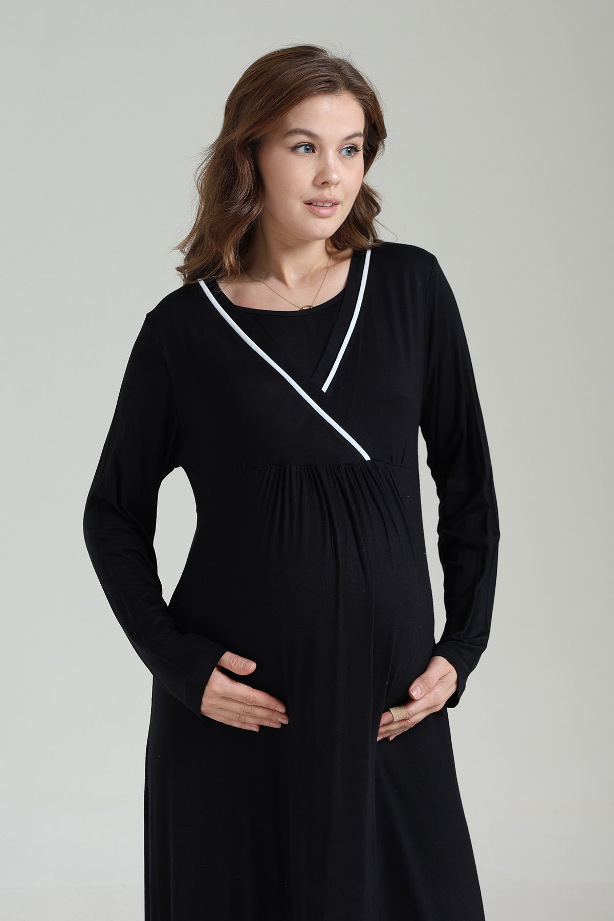 Striped Double Breasted Maternity-Nursing Nightgown & Robe Set Black - 1041