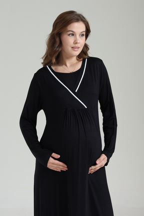 Striped Double Breasted Maternity-Nursing Nightgown & Robe Set Black - 1041