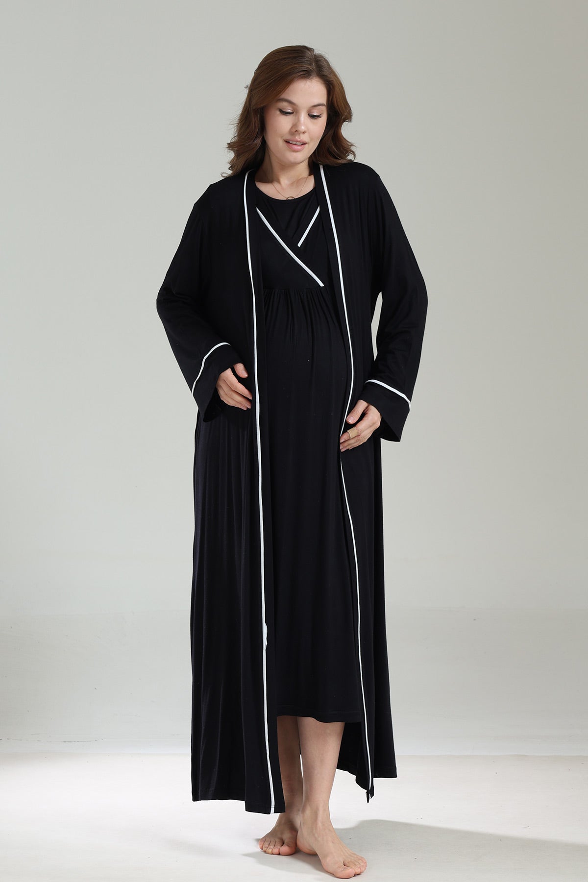 Striped Double Breasted Maternity-Nursing Nightgown & Robe Set Black - 1041