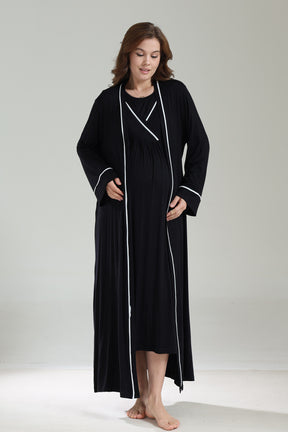 Striped Double Breasted Maternity-Nursing Nightgown & Robe Set Black - 1041
