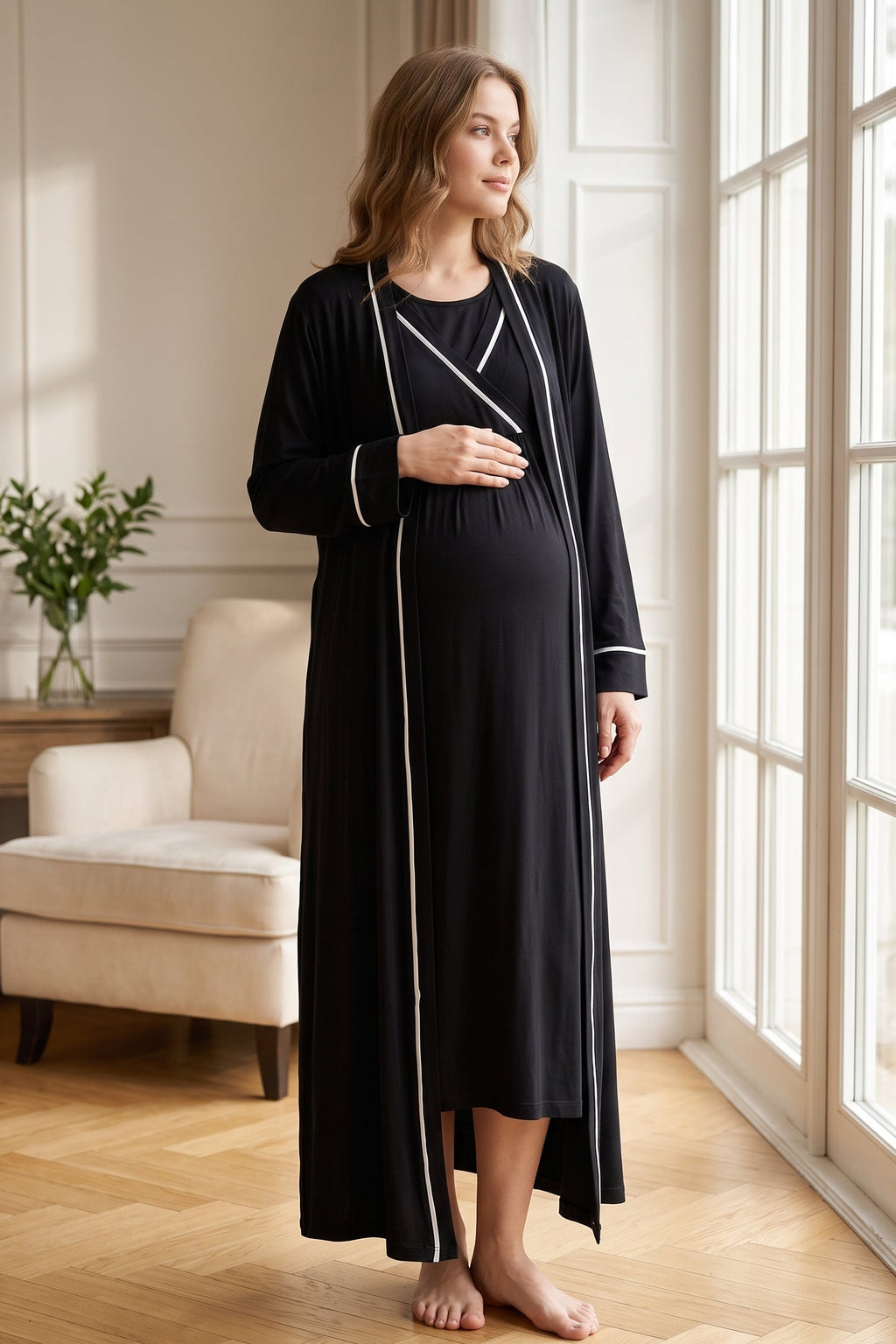 Striped Wrap Maternity Feeding-Friendly Nightgown & Robe Set Black - L1041