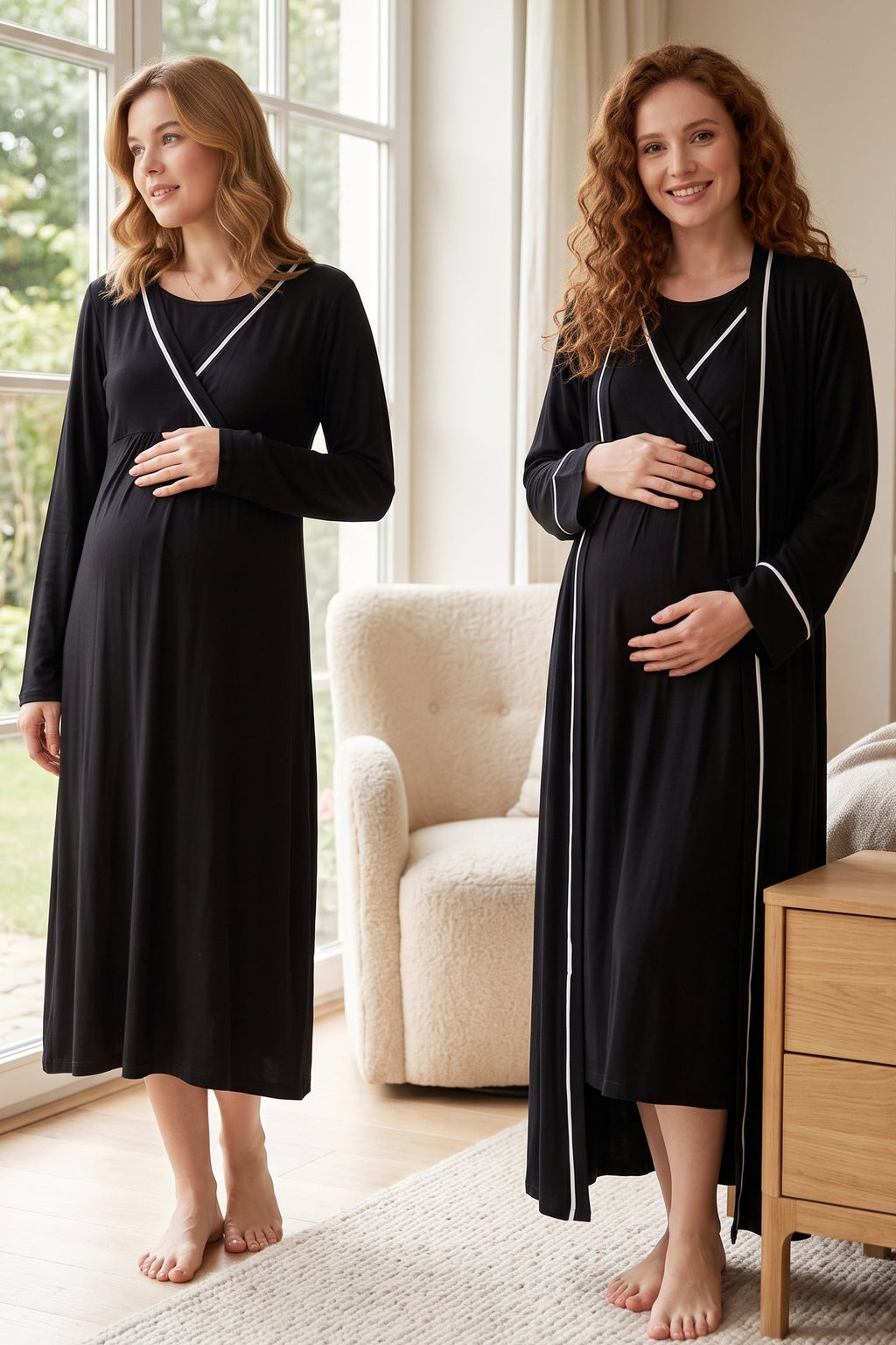 Striped Wrap Maternity Feeding-Friendly Nightgown & Robe Set Black - L1041