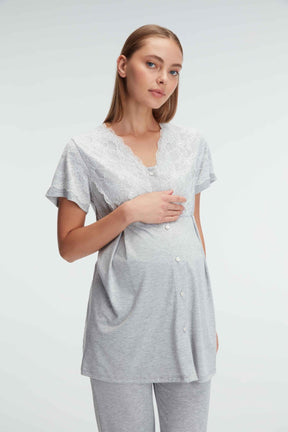 Lace Collar Maternity & Nursing Pajama Set Grey - 11308
