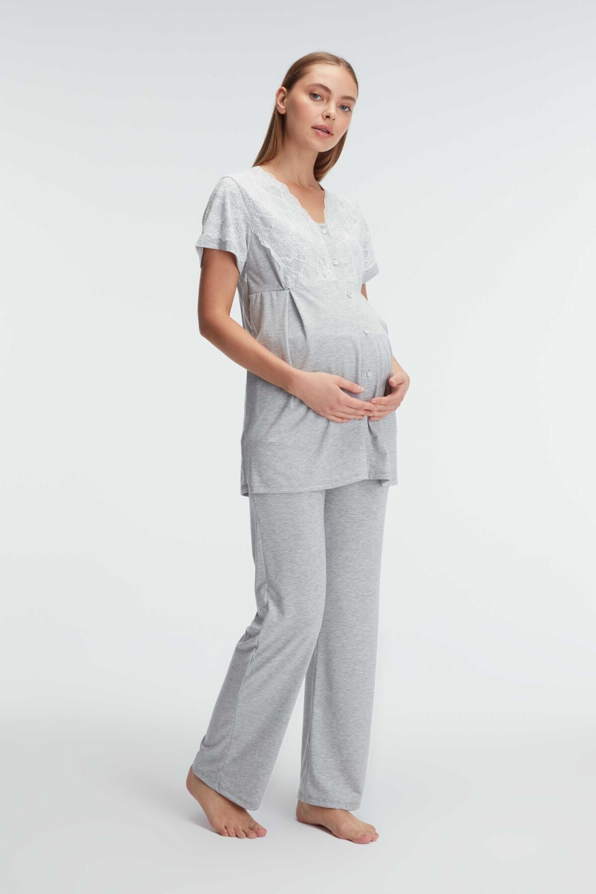 Lace Collar Maternity & Nursing Pajamas Grey - 11308