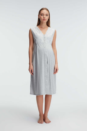 Lace Collar Maternity & Nursing Nightgown With Robe Grey - 11309