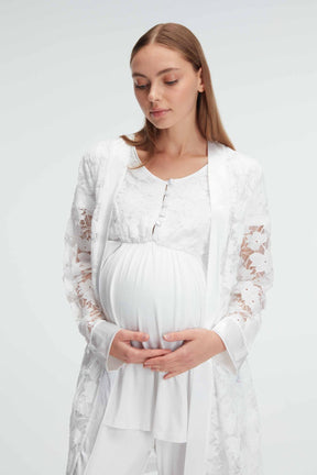 Lace 3-Pieces Maternity & Nursing Pajamas With Flower Robe Ecru - 11311