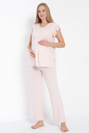 Lace Collar 3-Piece Maternity-Nursing Pajama & Lace Sleeve Robe Set Pink - 11314