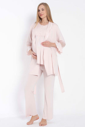 Lace Collar 3-Piece Maternity-Nursing Pajama & Lace Sleeve Robe Set Pink - 11314
