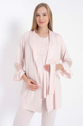 Lace Collar 3-Piece Maternity-Nursing Pajama & Lace Sleeve Robe Set Pink - 11314