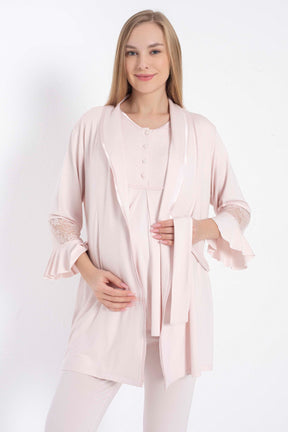 Lace Collar 3-Piece Maternity-Nursing Pajama & Lace Sleeve Robe Set Pink - 11314