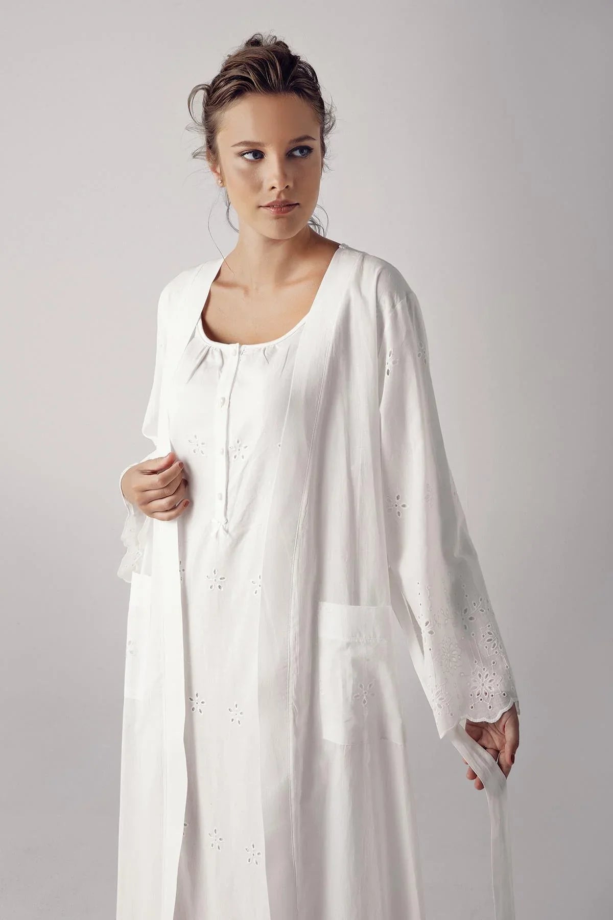 Woven Long Maternity Feeding-Friendly Nightgown & Robe Set Ecru - S11401