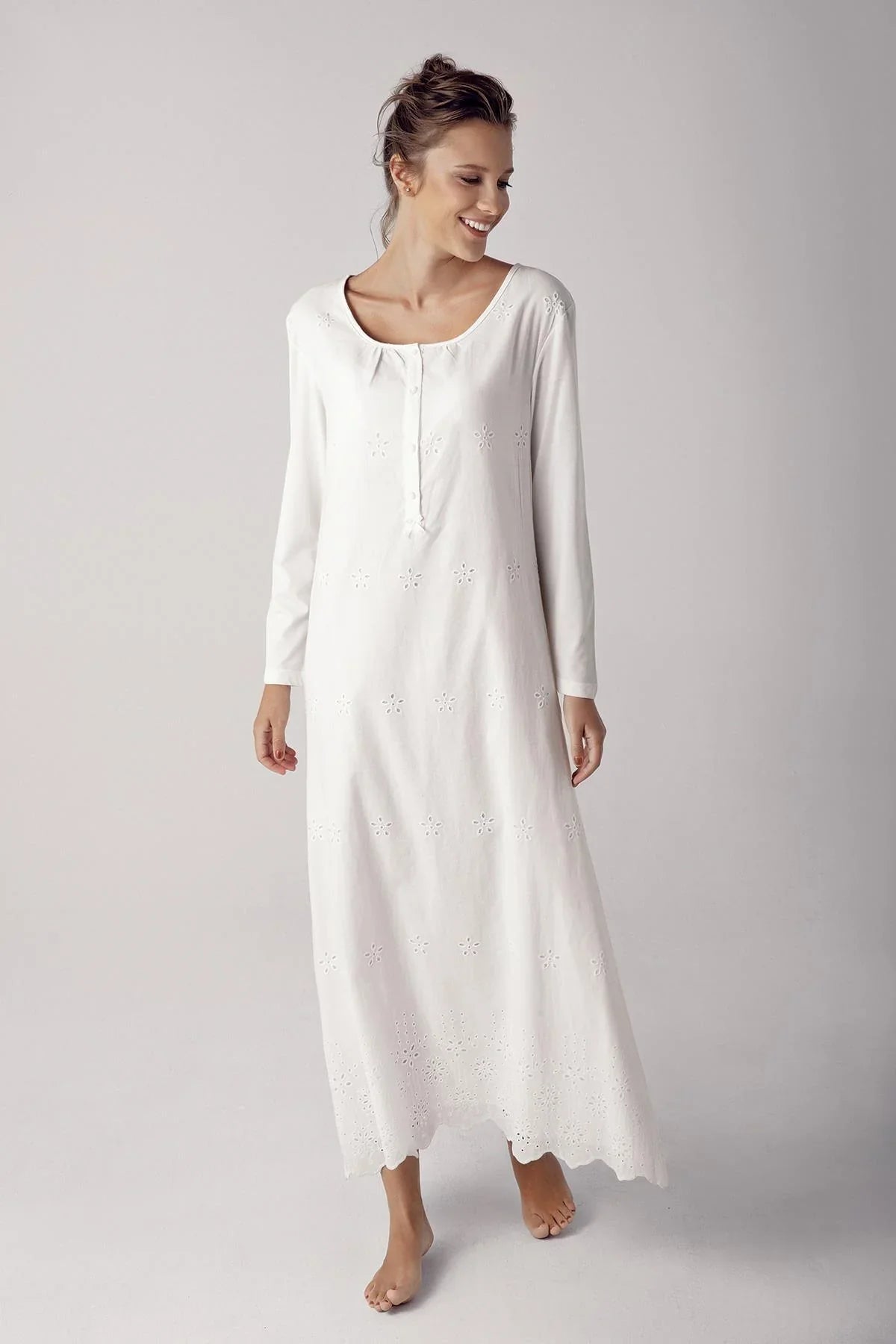 Woven Long Maternity & Nursing Nightgown With Robe Ecru - 11401