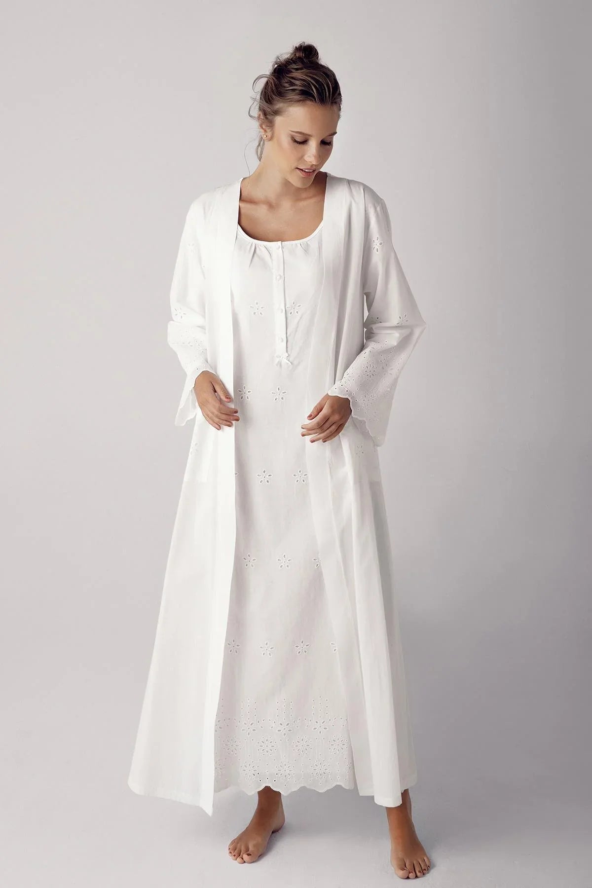 Woven Long Maternity & Nursing Nightgown With Robe Ecru - 11401