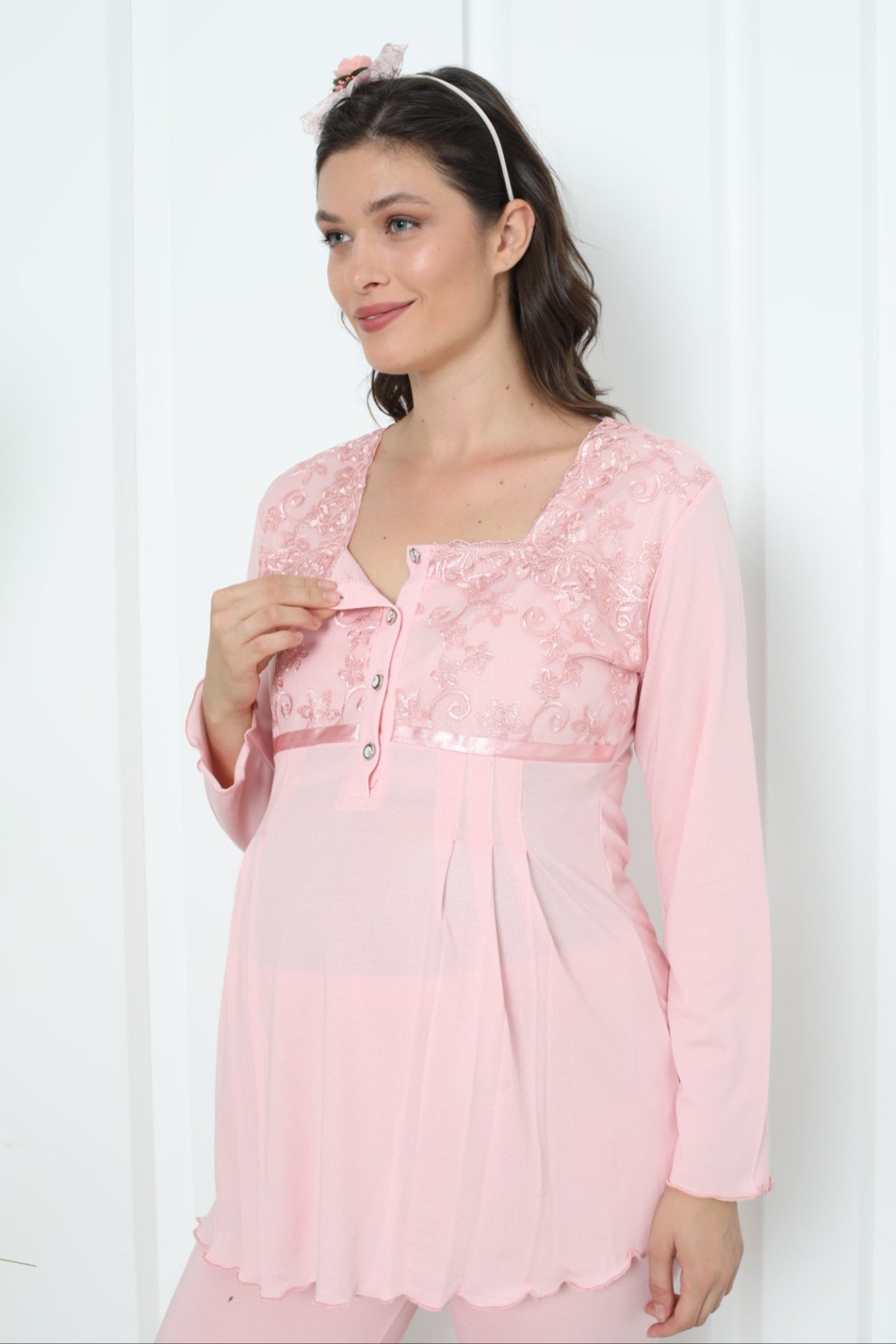 Lace Collar Maternity & Nursing Pajama Set Salmon - 1163
