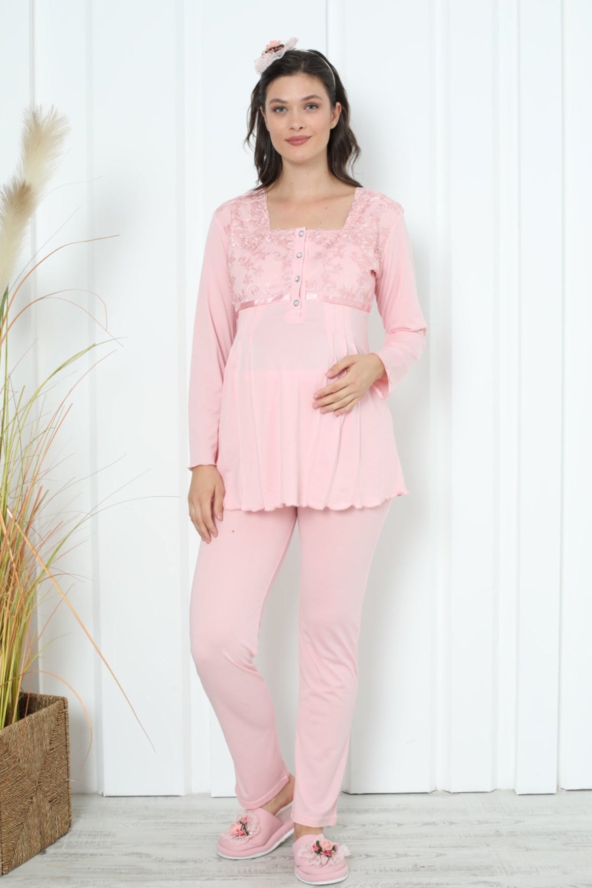 Lace Collar Maternity & Nursing Pajama Set Salmon - 1163