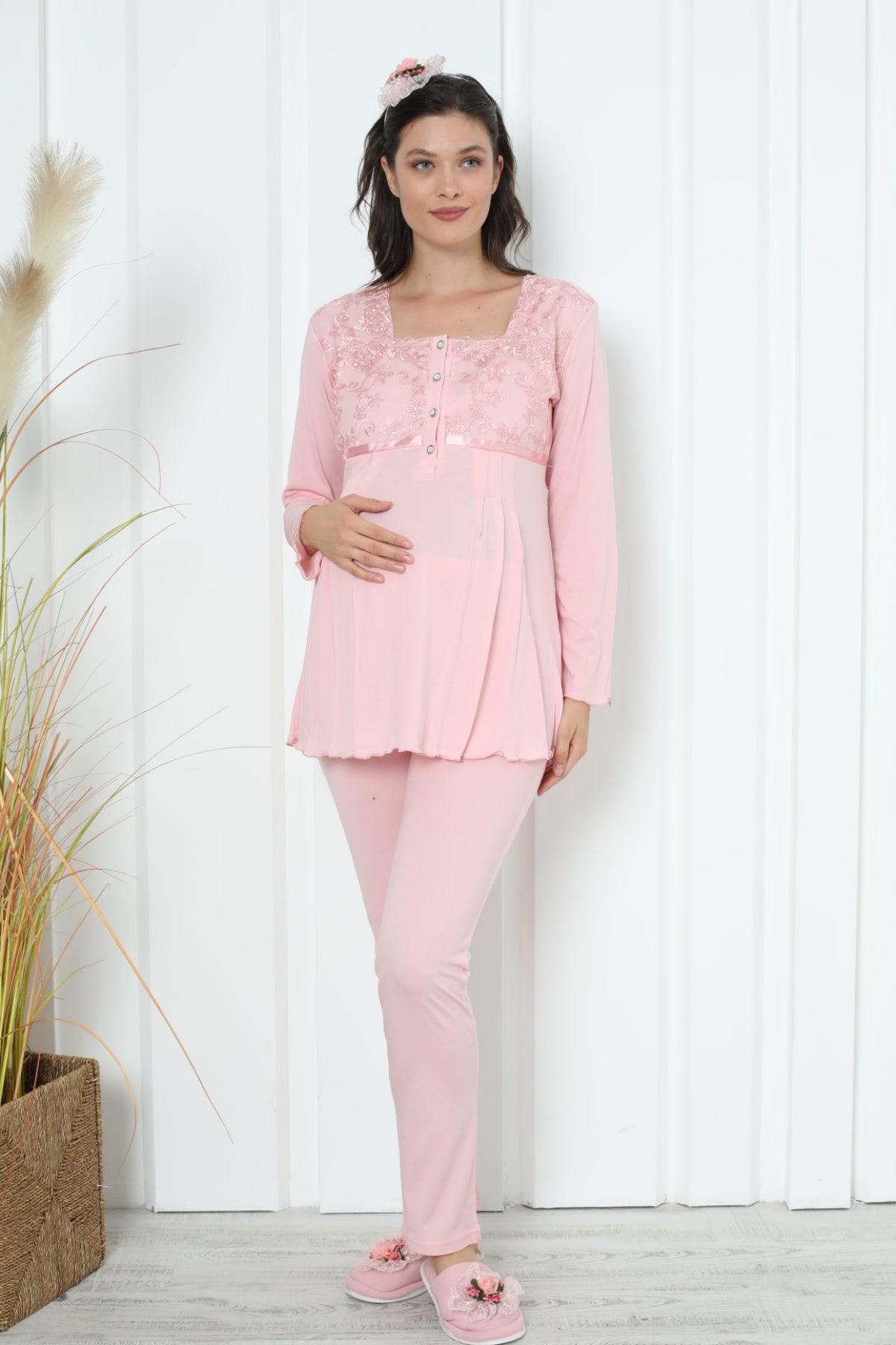 Lace Collar Maternity & Nursing Pajama Set Salmon - 1163