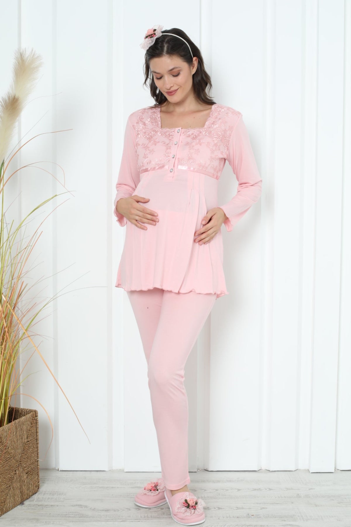 Lace Collar Maternity & Nursing Pajama Set Salmon - 1163