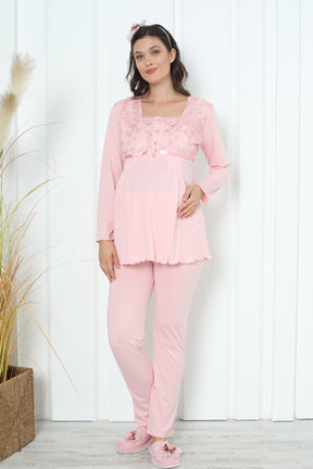 Lace Collar Maternity & Nursing Pajama Set Salmon - 1163