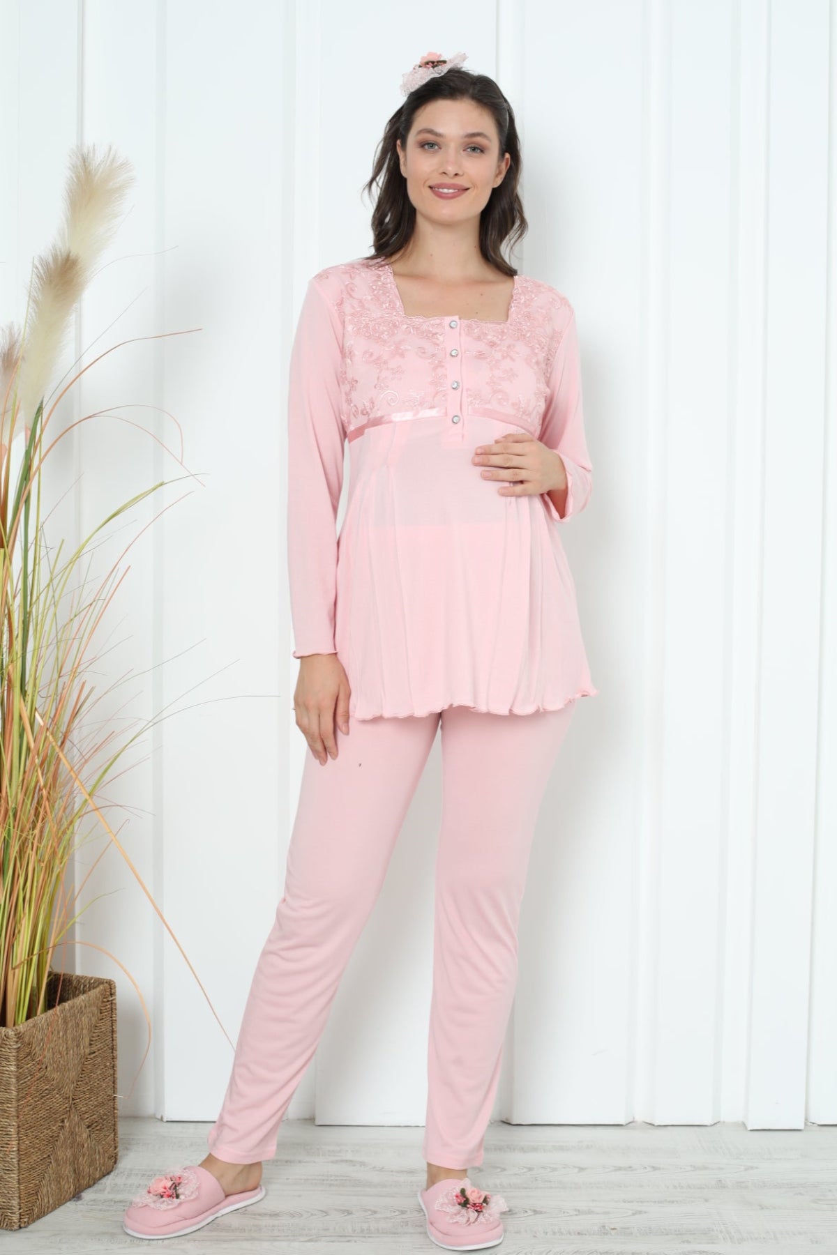 Lace Collar Maternity & Nursing Pajama Set Salmon - 1163