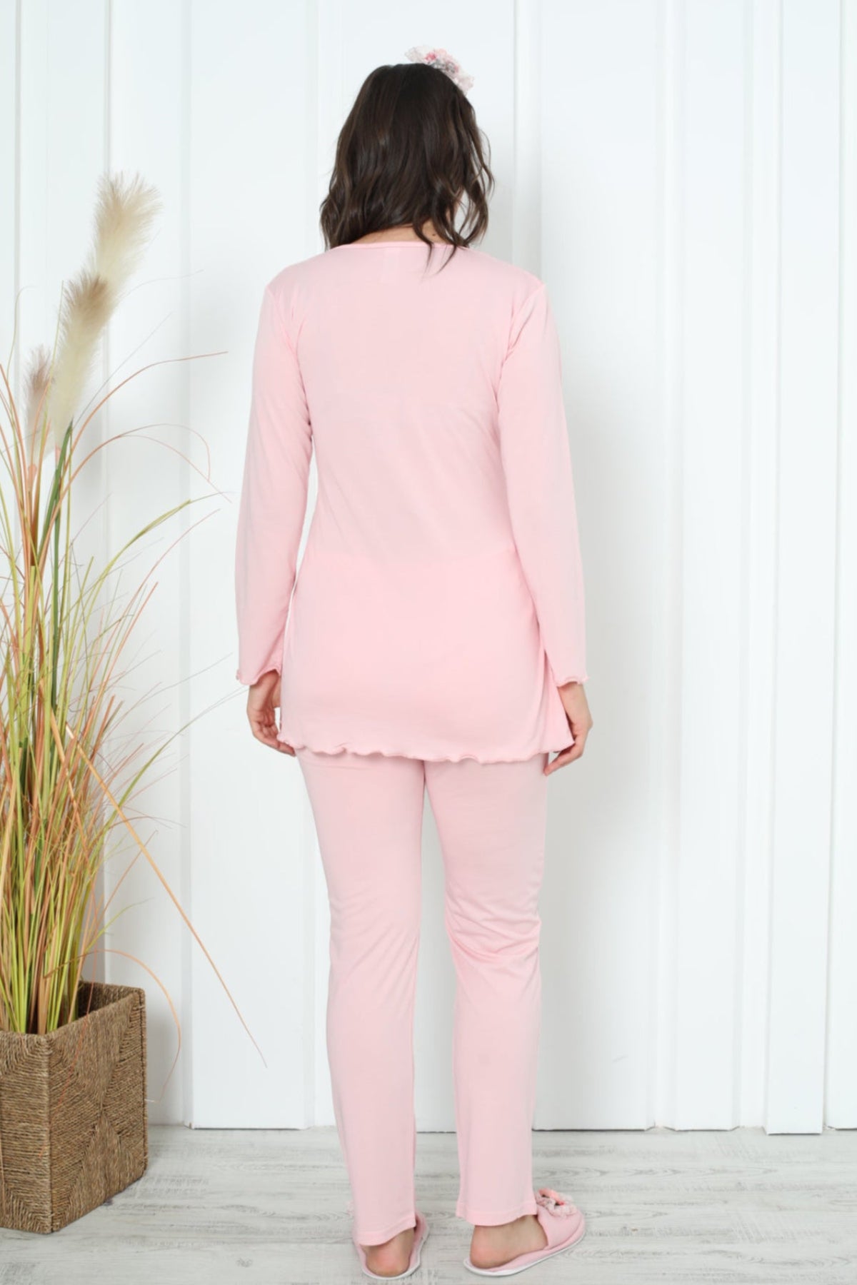 Lace Collar Maternity & Nursing Pajama Set Salmon - 1163