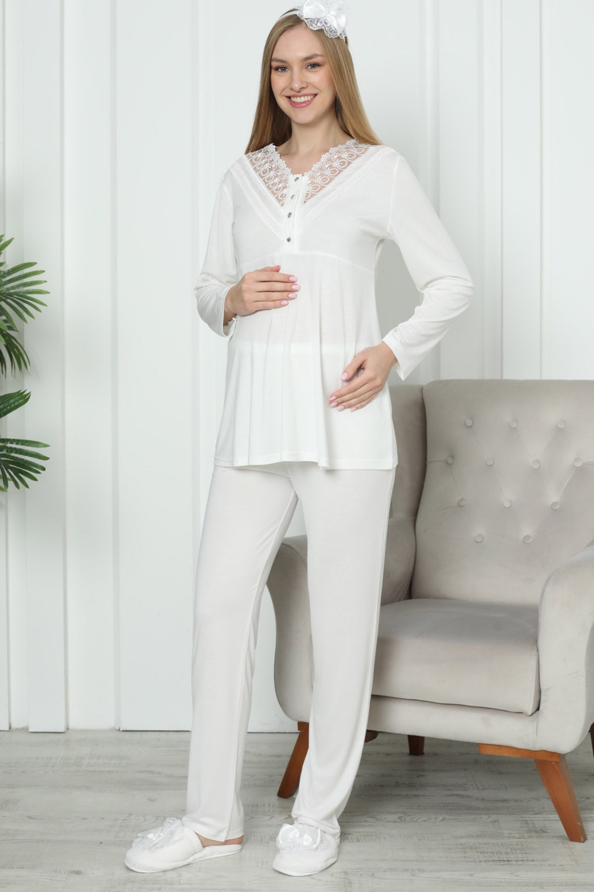 Lace Collar Maternity & Nursing Pajama Set Ecru - 1169
