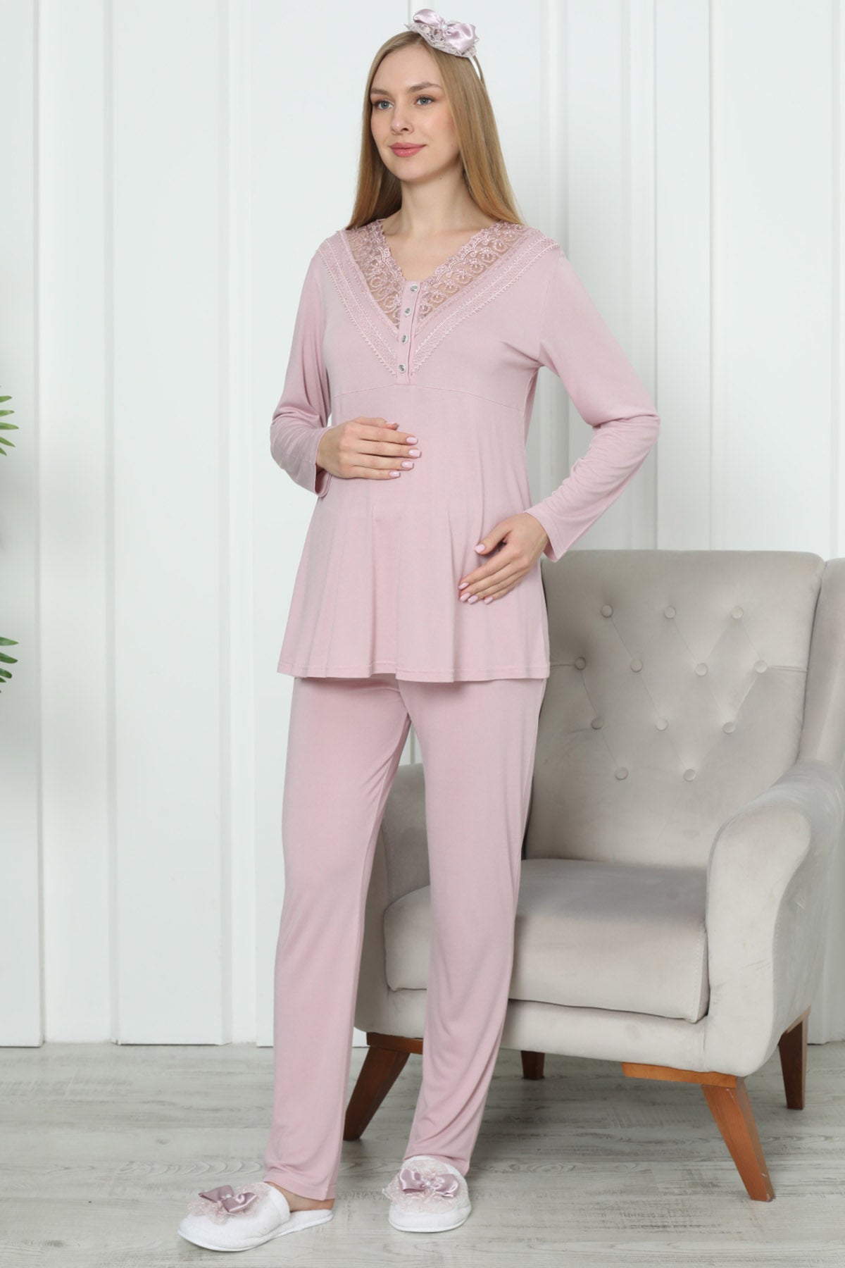 Lace Collar Maternity & Nursing Pajama Set Powder - 1169