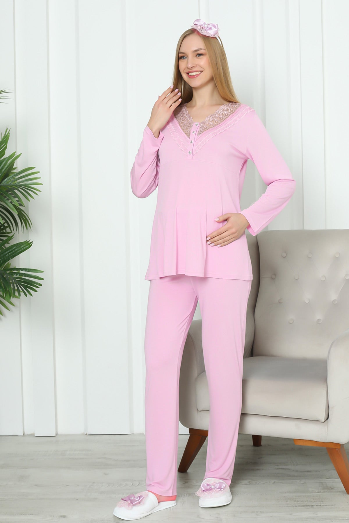 Lace Collar Maternity & Nursing Pajama Set Pink - 1169