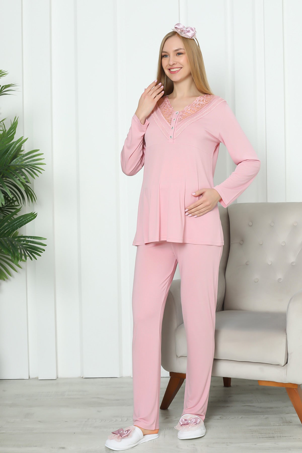 Lace Collar Maternity & Nursing Pajama Set Salmon - 1169
