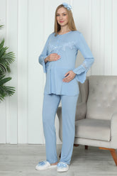 Lace Sleeve Maternity & Nursing Pajama Set Blue - 1170