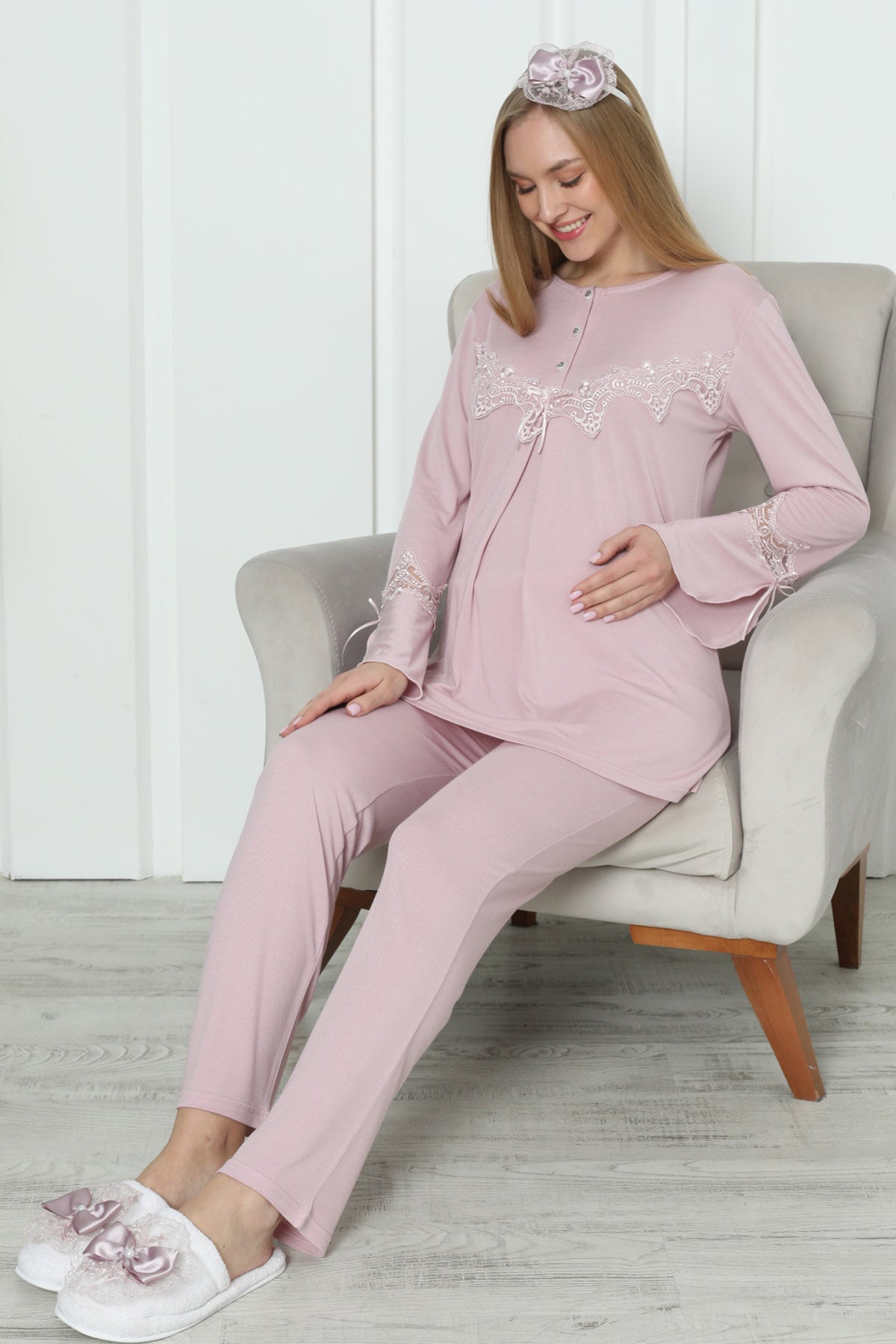 Lace Sleeve Maternity & Nursing Pajama Set Powder - 1170