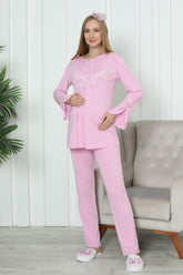 Lace Sleeve Maternity & Nursing Pajama Set Pink - 1170