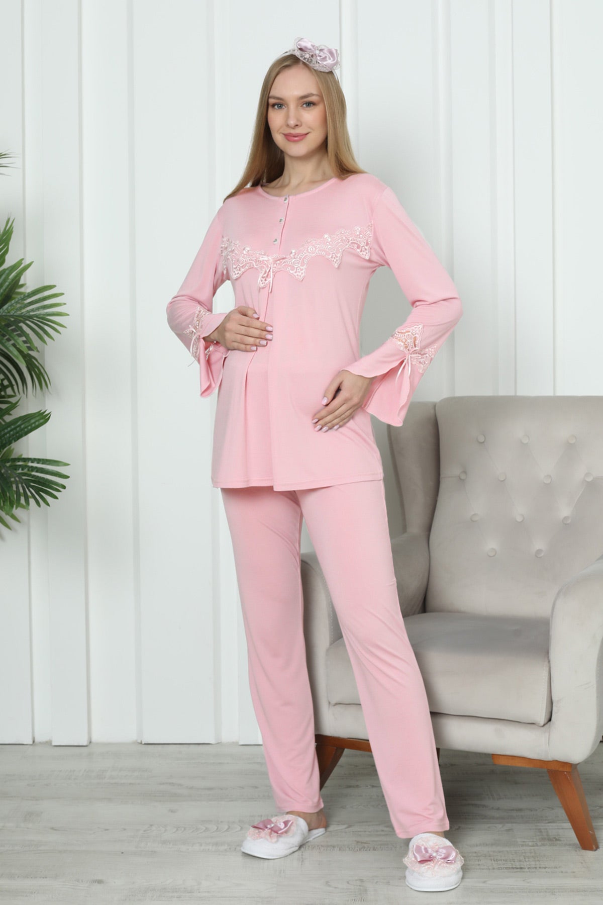 Lace Sleeve Maternity & Nursing Pajama Set Salmon - 1170