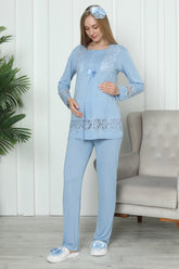 Lace Detailed Maternity & Nursing Pajama Set Blue - 1171