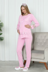 Lace Detailed Maternity & Nursing Pajama Set Pink - 1171