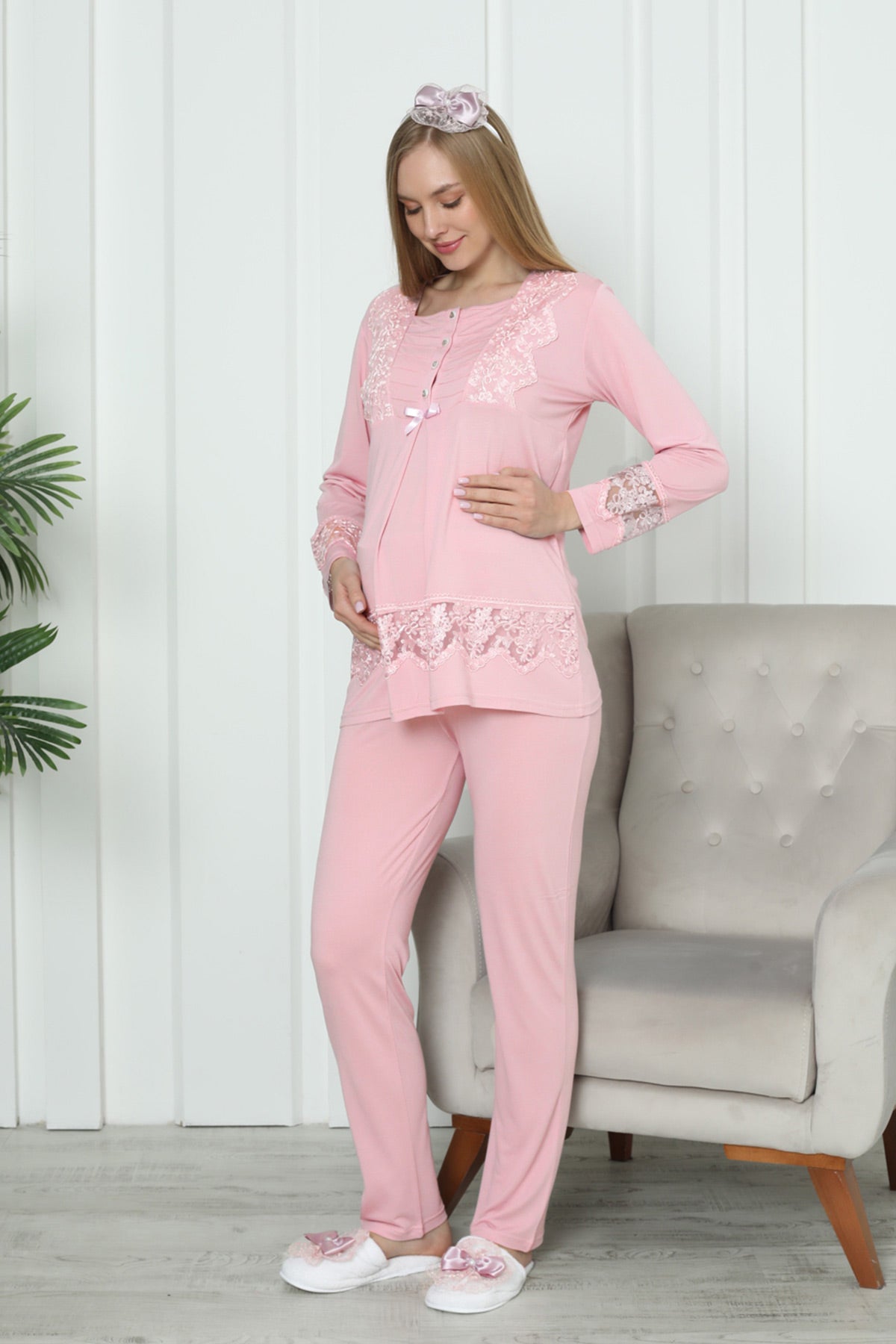 Lace Detailed Maternity & Nursing Pajama Set Salmon - 1171