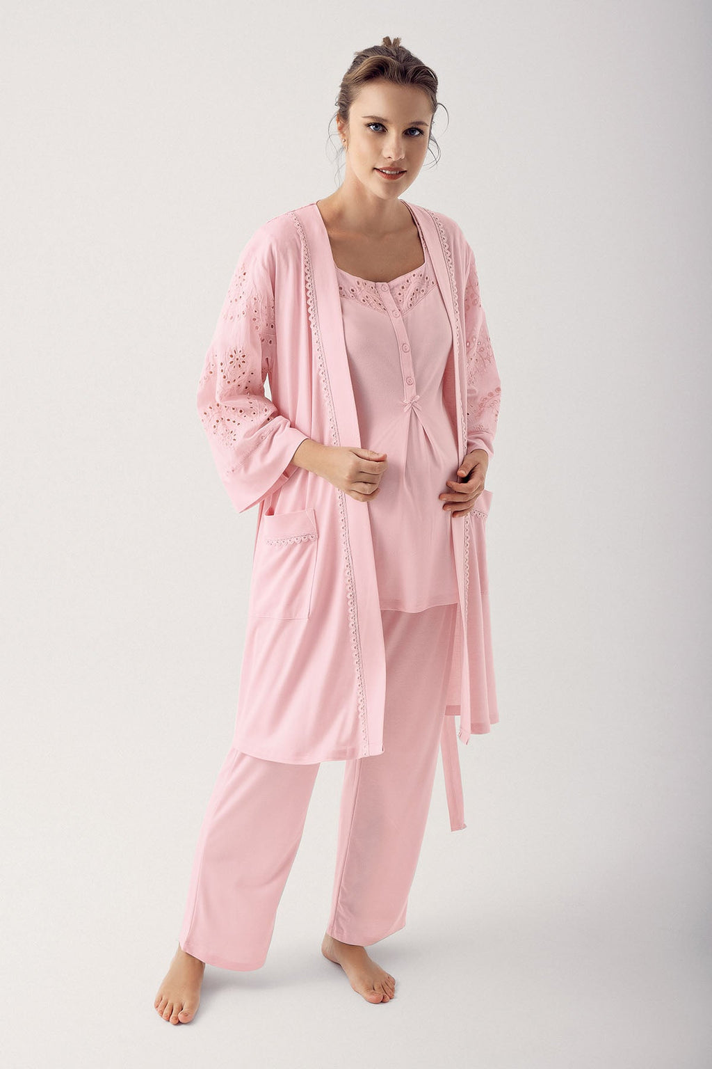 Motif Embroidered 3-Piece Maternity Feeding-Friendly Pajama & Robe Set Powder - S12305