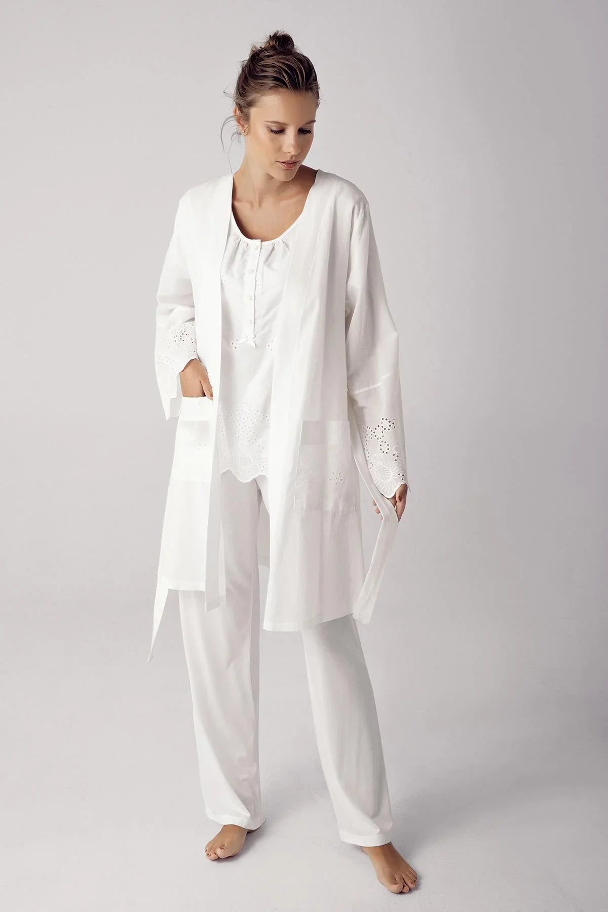 Woven 3-Piece Maternity-Nursing Pajama & Robe Set Ecru - 12311