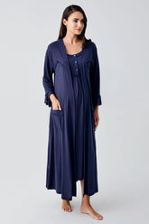 Lace Collar Maternity-Nursing Nightgown & Flywheel Arm Robe Set Navy Blue - 12401