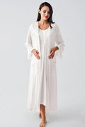 Lace Collar Maternity Feeding-Friendly Nightgown & Flywheel Arm Robe Set Ecru - S12401