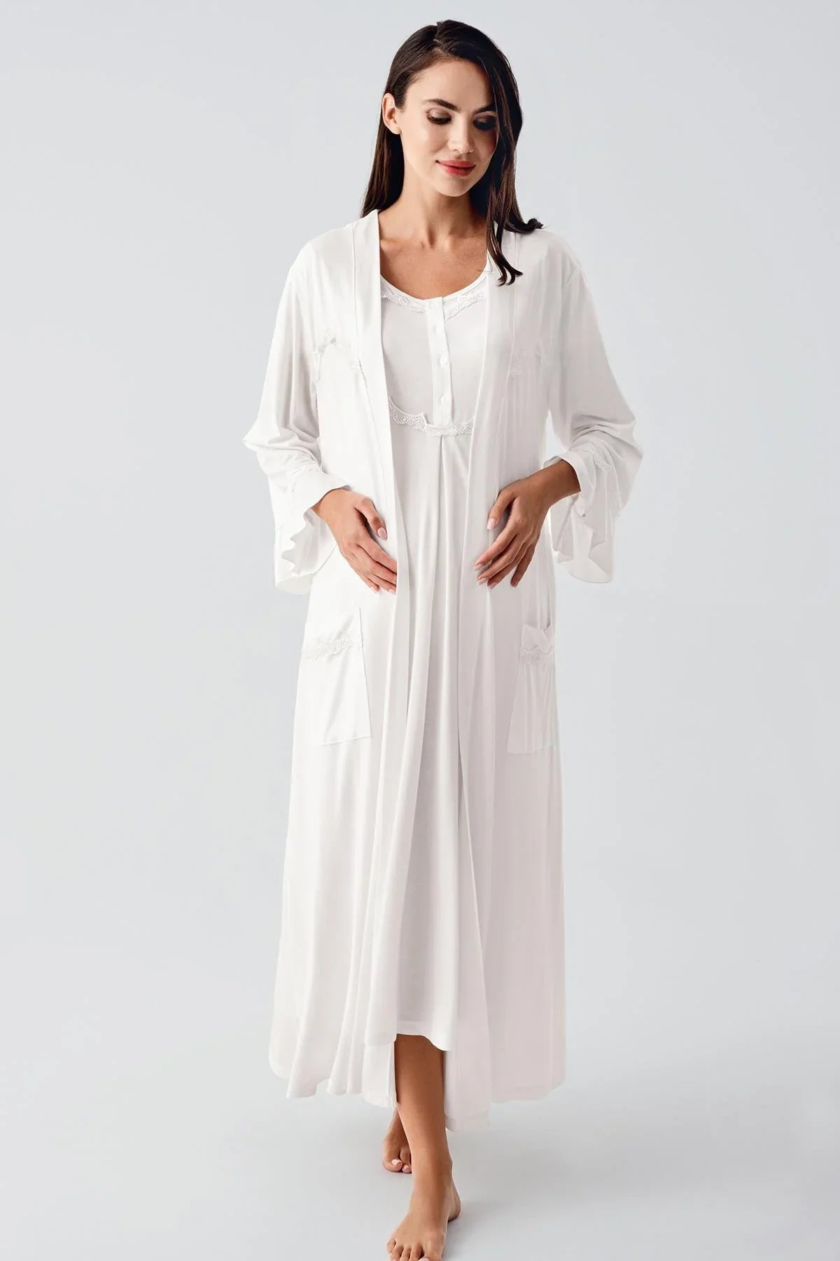 Lace Collar Maternity Feeding-Friendly Nightgown & Flywheel Arm Robe Set Ecru - S12401