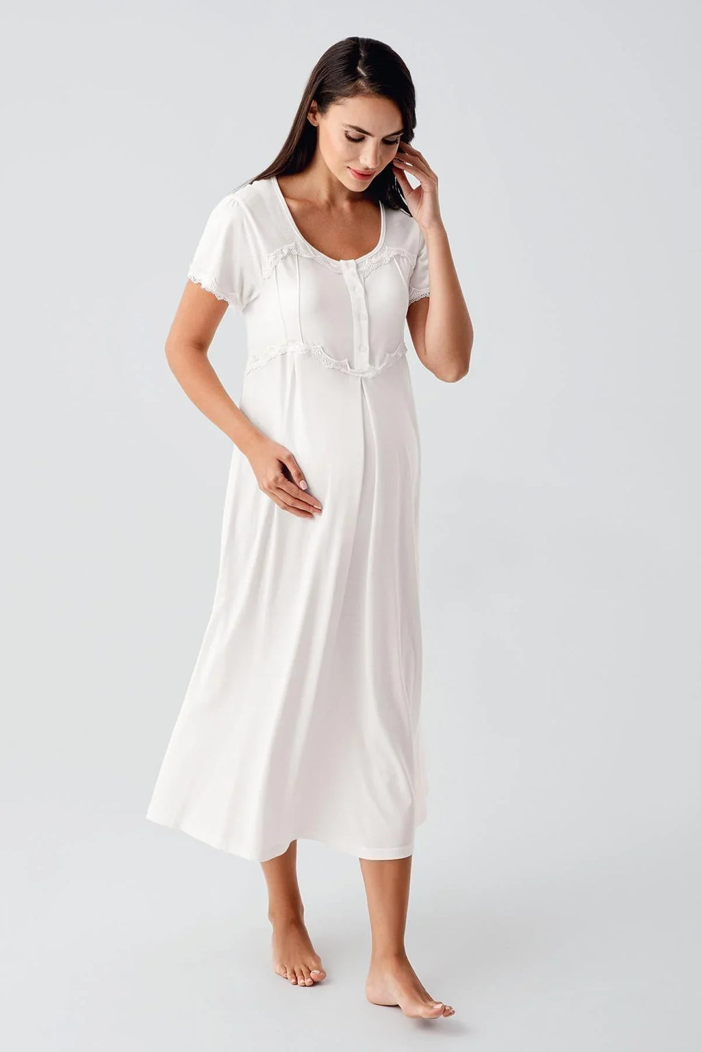 Lace Collar Maternity Feeding-Friendly Nightgown & Flywheel Arm Robe Set Ecru - S12401