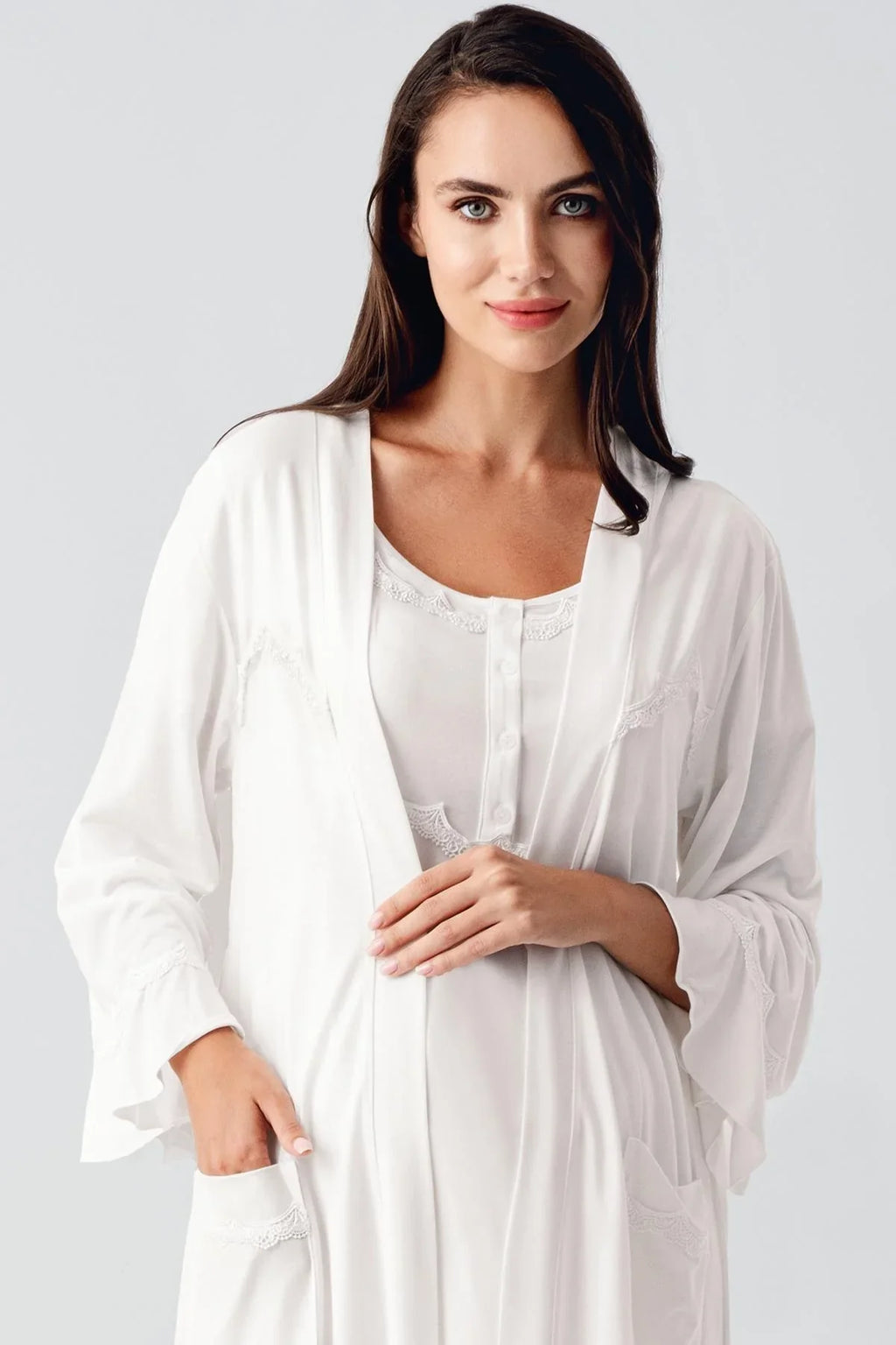 Lace Collar Maternity Feeding-Friendly Nightgown & Flywheel Arm Robe Set Ecru - S12401