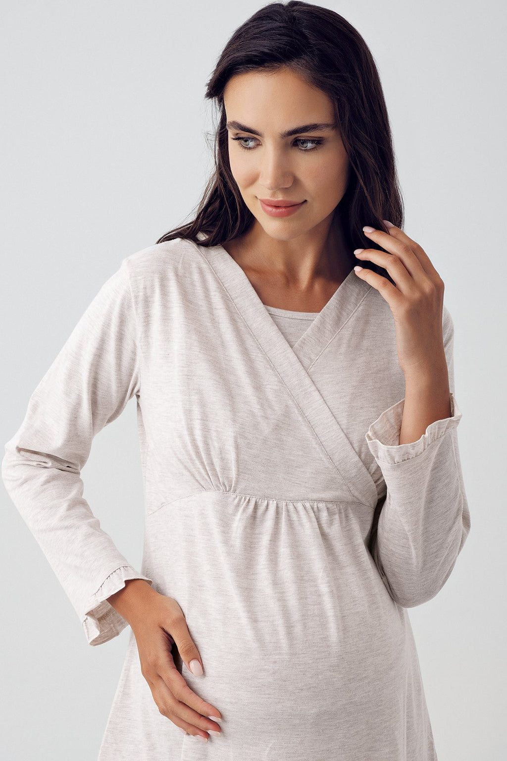 Double Breasted Maternity & Nursing Pajama Set Beige - 13201