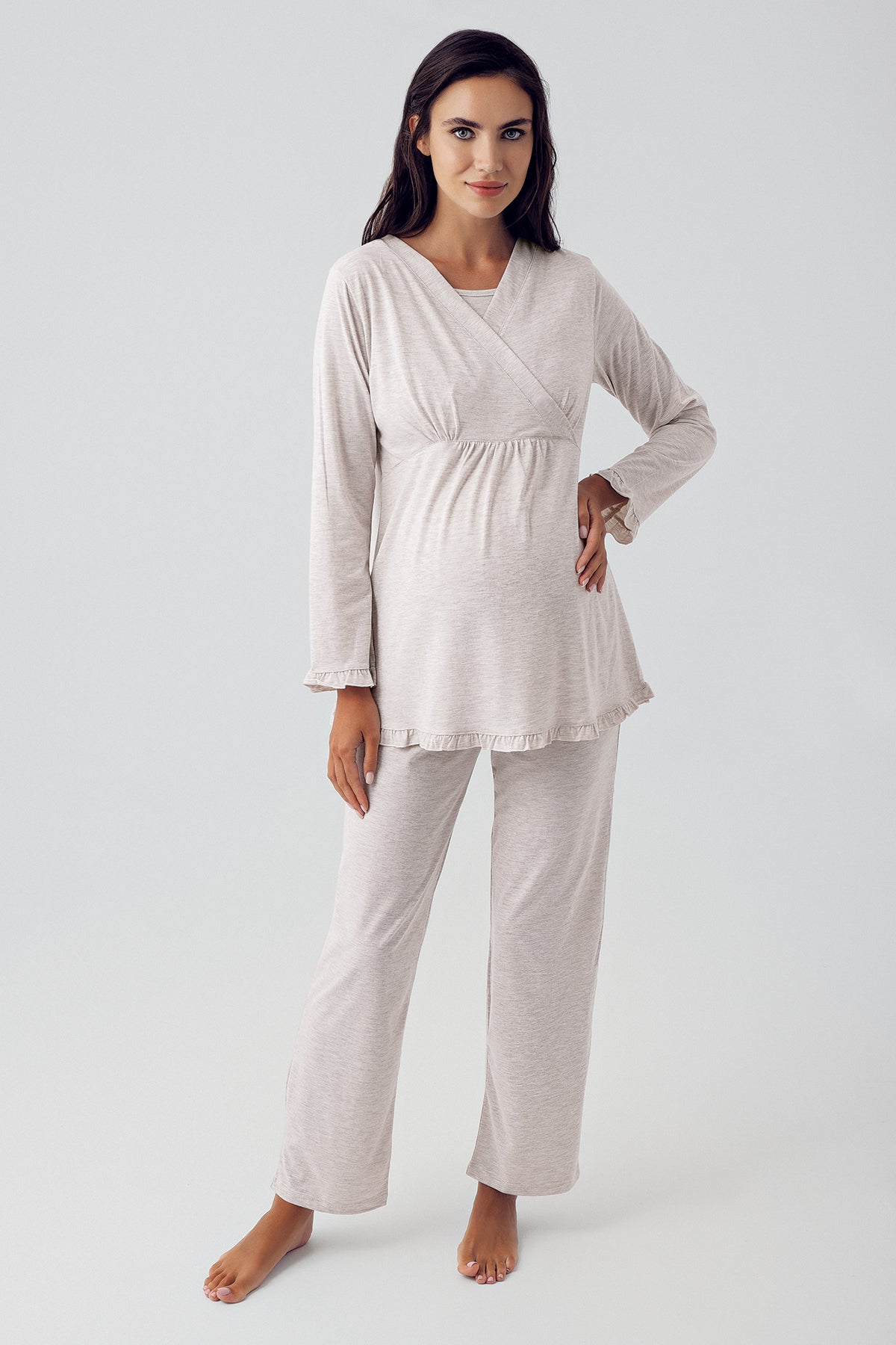 Double Breasted Maternity & Nursing Pajama Set Beige - 13201
