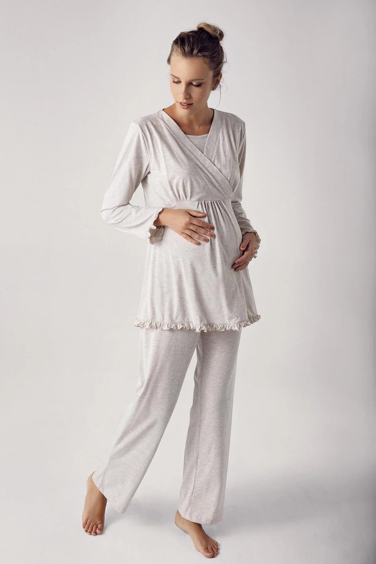 Double Breasted Maternity & Nursing Pajama Set Beige - 13201